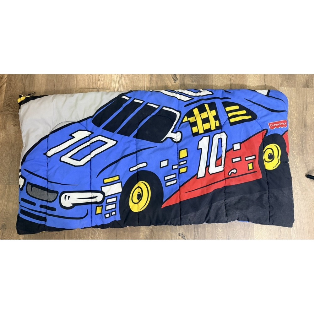 VTG Y2K Fisher Price Kids Sleeping Bag Racecar Racetrack Little People